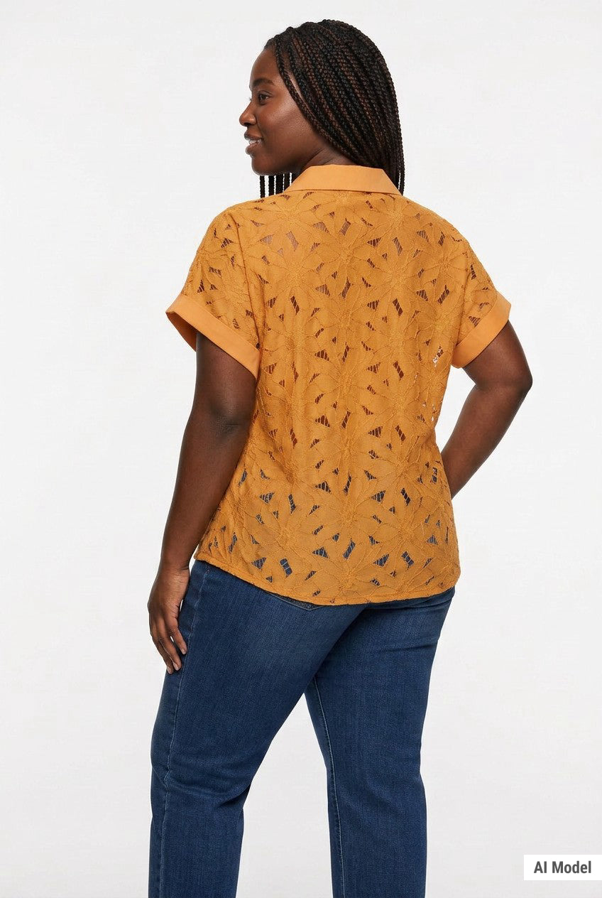 Plus-size model with box braids wears a mustard yellow short-sleeve eyelet collared blouse with cuffed sleeves, back view,