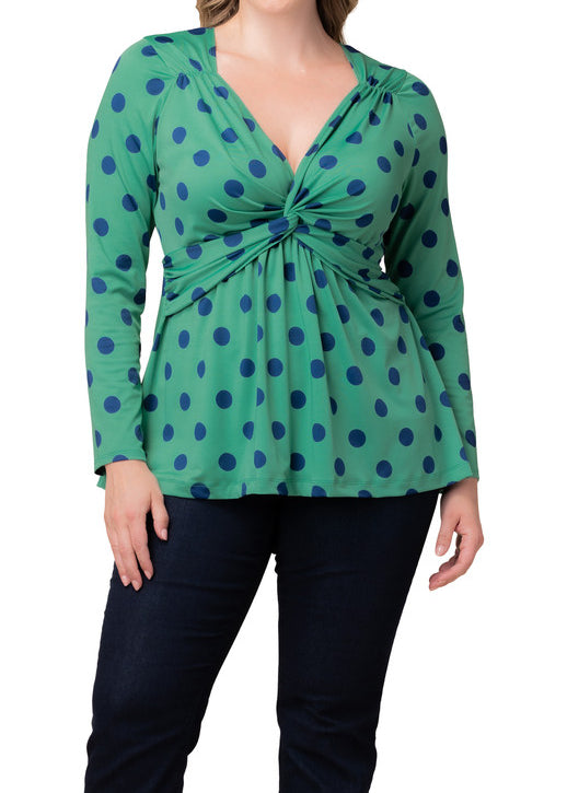 Abigail Long Sleeve Twist Top - Green Polka Dot - Plus