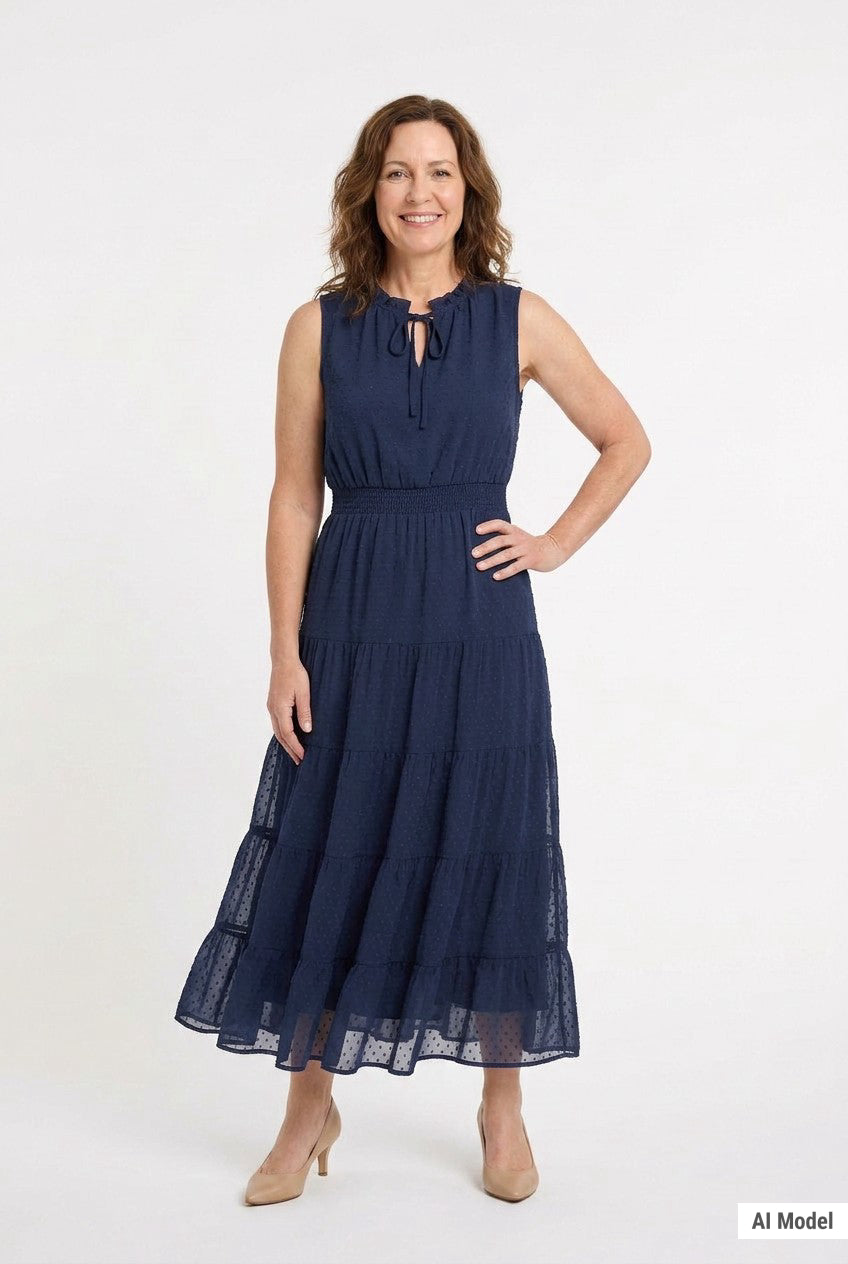 Navy sleeveless swiss dot maxi dress with tie ruffle neckline, smocked waist, and tiered skirt on a woman, front view.