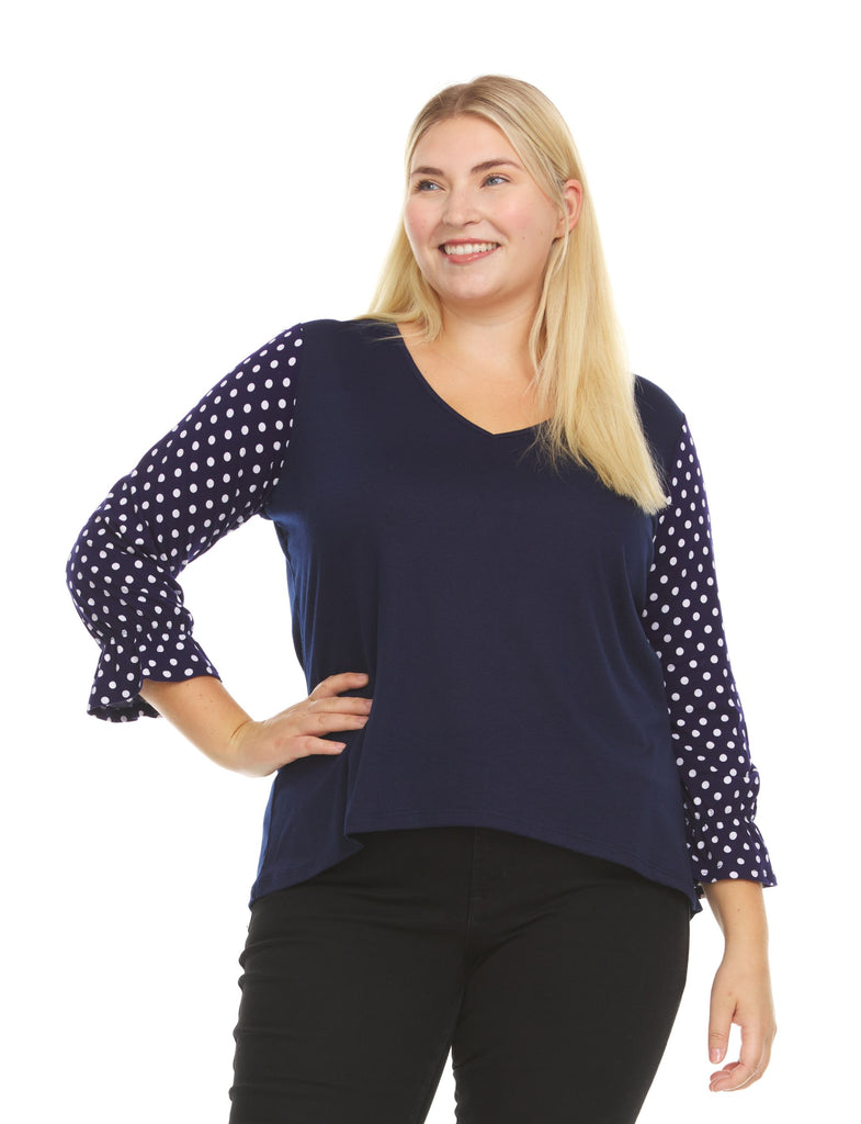 V neck cheap polka dot top