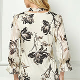 3/4 Ruffle Sleeve V-Neck Mix Media Blouse with Scarf