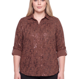 NY Collection Plus Size 3/4 Sleeve Roll Tab Foil Print Blouse