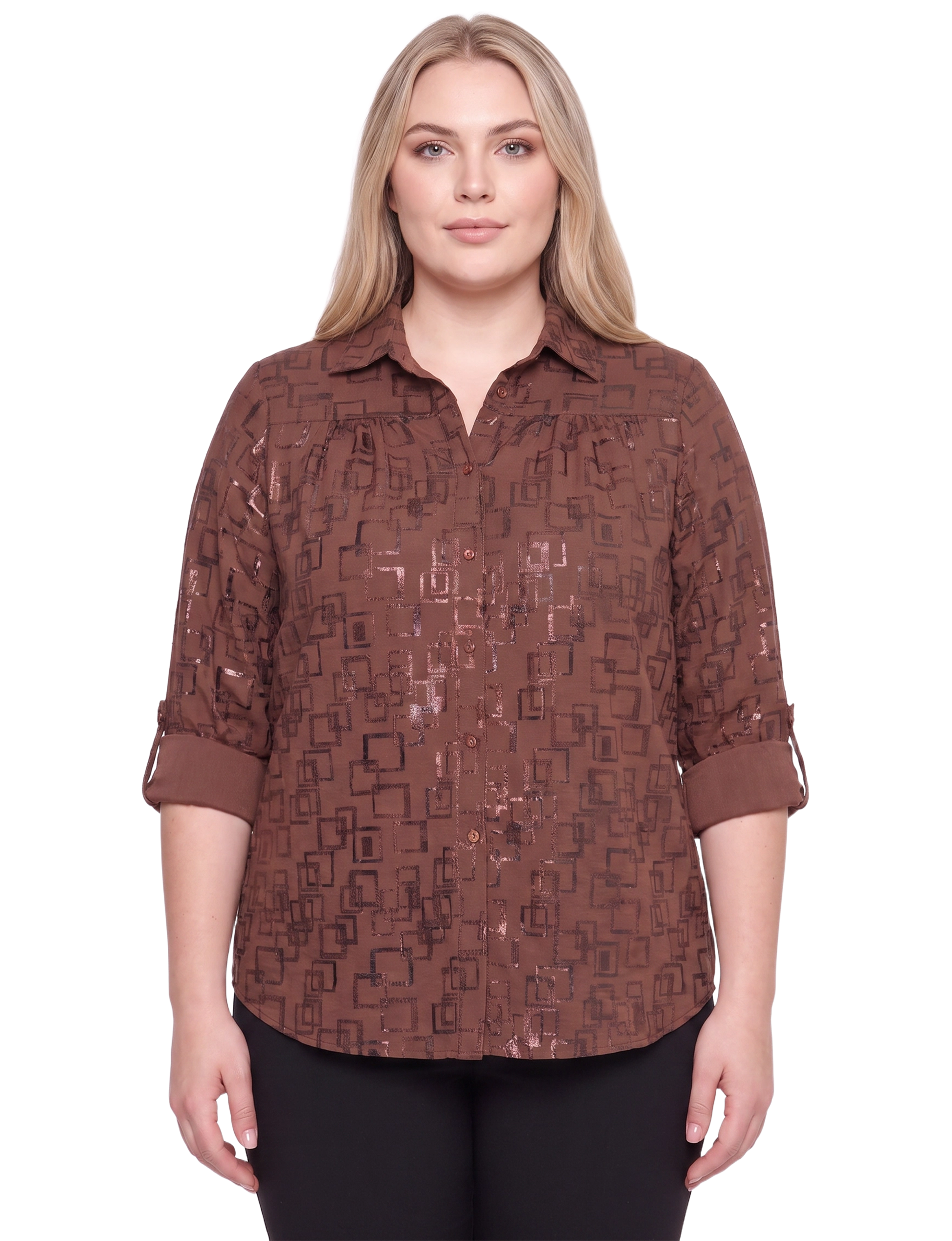 NY Collection Plus Size 3/4 Sleeve Roll Tab Foil Print Blouse