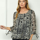 3/4 Tie Sleeve Pleat Neck Bubble Blouse in Black