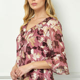 3/4 Ruffle Sleeve V-Neck Cascade Ruffle Front Mix Media Blouse