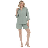 Women's Gauze Button-Front Shirt & Shorts Set - Olive
