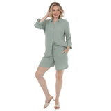Women's Gauze Button-Front Shirt & Shorts Set - Olive