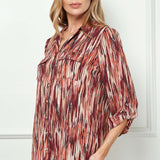 3/4 Button Tab Sleeve Johnny Collar Patch Pockets Button Front Blouse