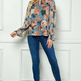 Long Ruffle Sleeve Cutout Removable Trim Front Boat Neck Mix Media Blouse