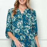 3/4 Button Tab Sleeve Button Placket Front Mandarin Collar Hi-Low Popover Blouse