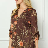 3/4 Button Tab Sleeve Mandarin Collar Button Front Placket Popover Lined Blouse with Lurex and Brown Studs