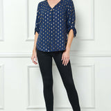 3/4 Button Tab Sleeve Button Placket Front V-Neck Popover Blouse with Diamond Foil Overlay