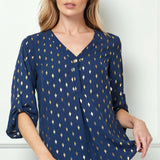 3/4 Button Tab Sleeve Button Placket Front V-Neck Popover Blouse with Diamond Foil Overlay