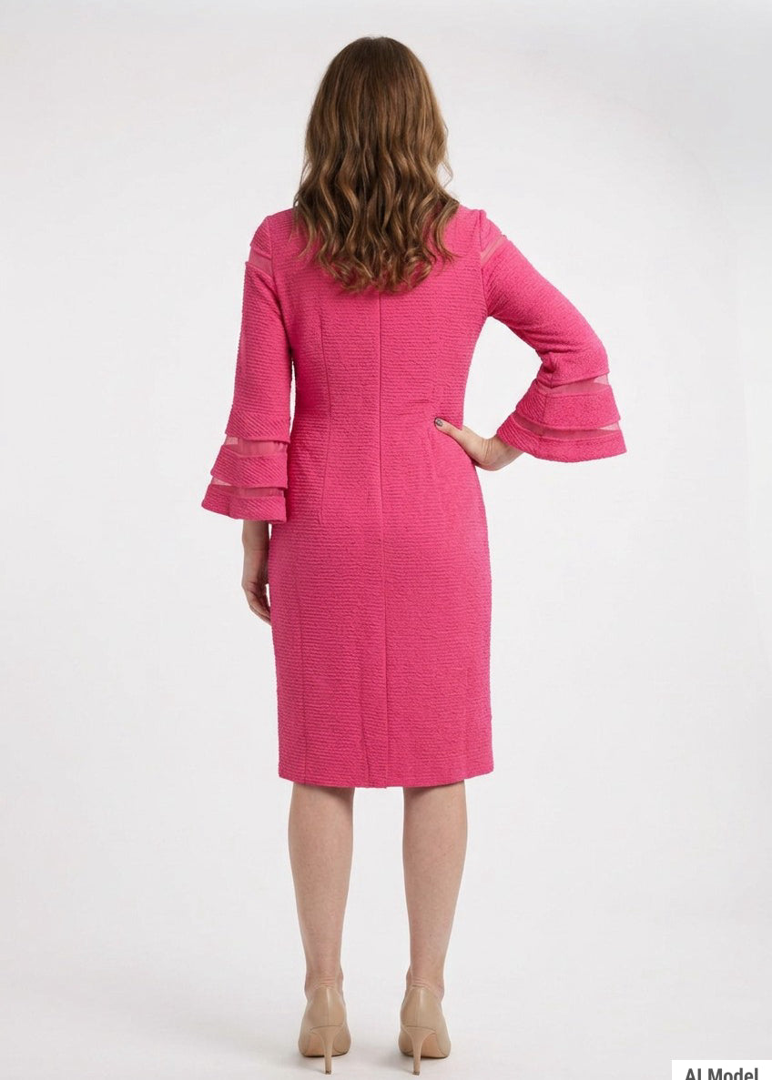 Woman wearing a hot pink textured sheath dress with tiered bell sleeves featuring sheer contrast stripe panels, knee-length,