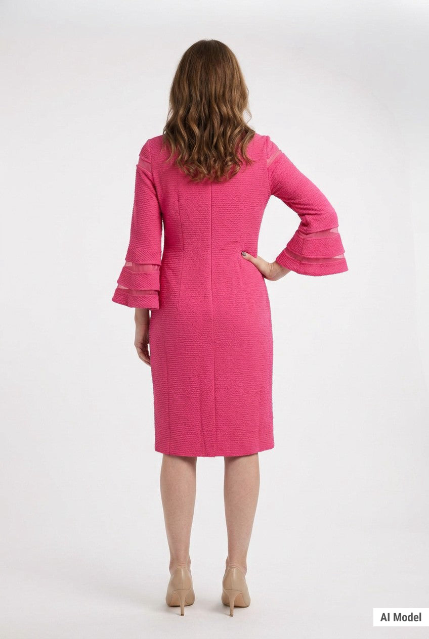 Woman wearing a hot pink textured sheath dress with tiered bell sleeves featuring sheer contrast stripe panels, knee-length,