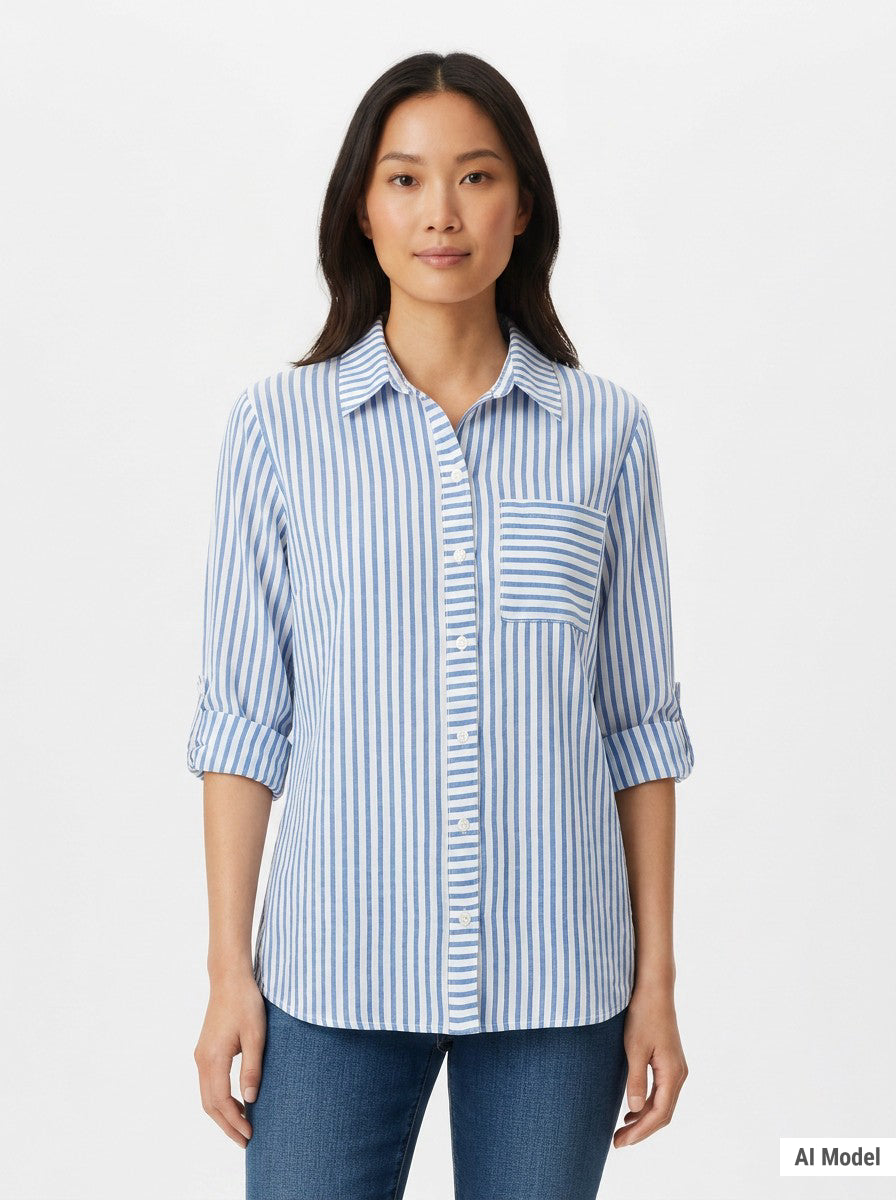 Woman wearing a blue and white vertical-stripe button-front blouse with roll-tab 3/4 sleeves and chest pocket, front view,
