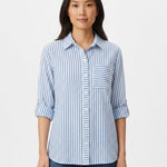 Woman wearing a blue and white vertical-stripe button-front blouse with roll-tab 3/4 sleeves and chest pocket, front view,
