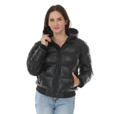 Women's Hooded Faux Leather Puffer Jacket