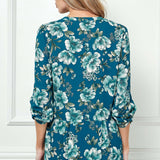 3/4 Button Tab Sleeve Button Placket Front Mandarin Collar Hi-Low Popover Blouse