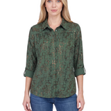 NY Collection 3/4 Sleeve Roll Tab Foil Print Blouse