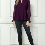 Long Ruffle Sleeve Cutout Removable Trim Fromt Boat Neck Mix Media Blouse