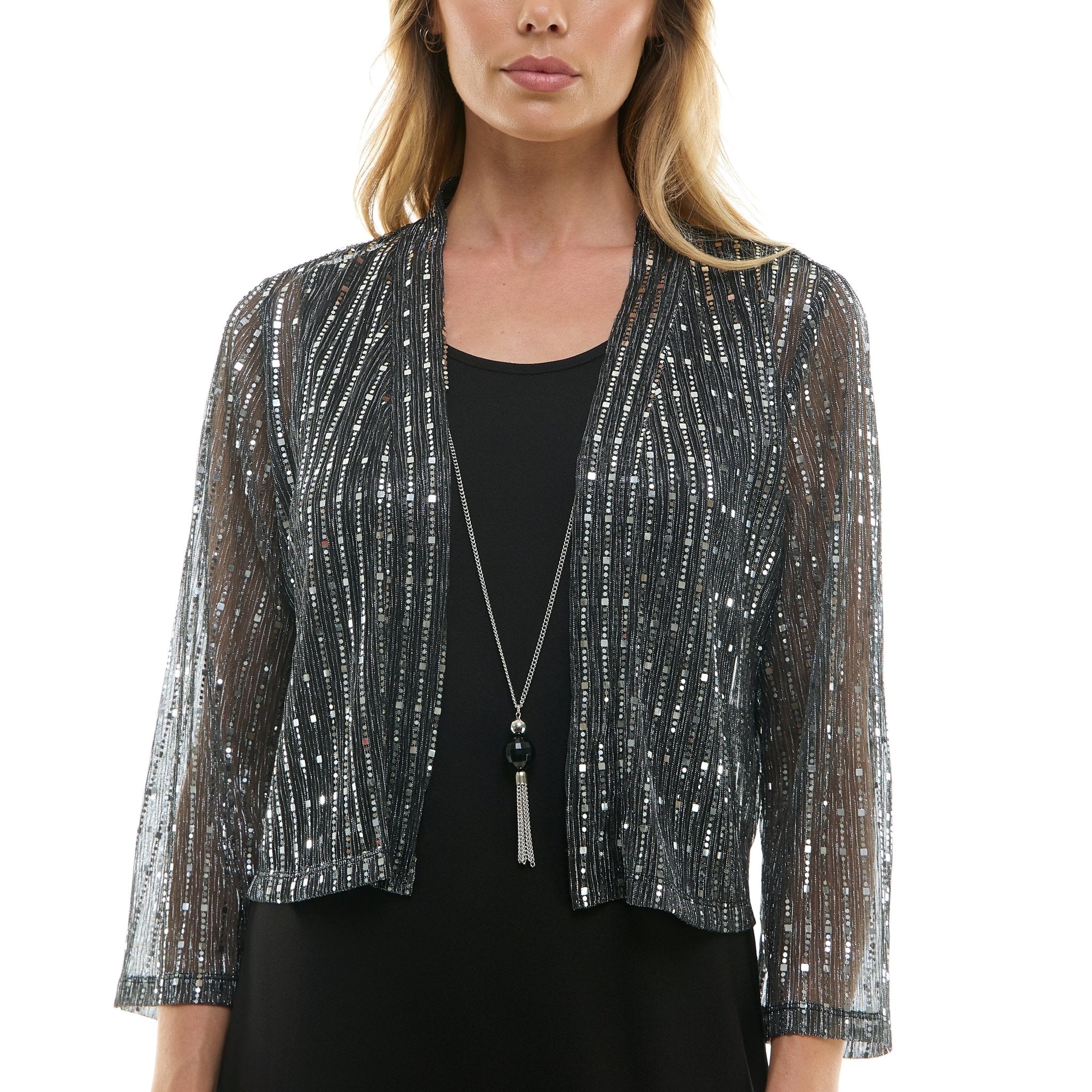 ladies silver dress jacket White/Silver Sequin Zipper Jacket Pellone Collection