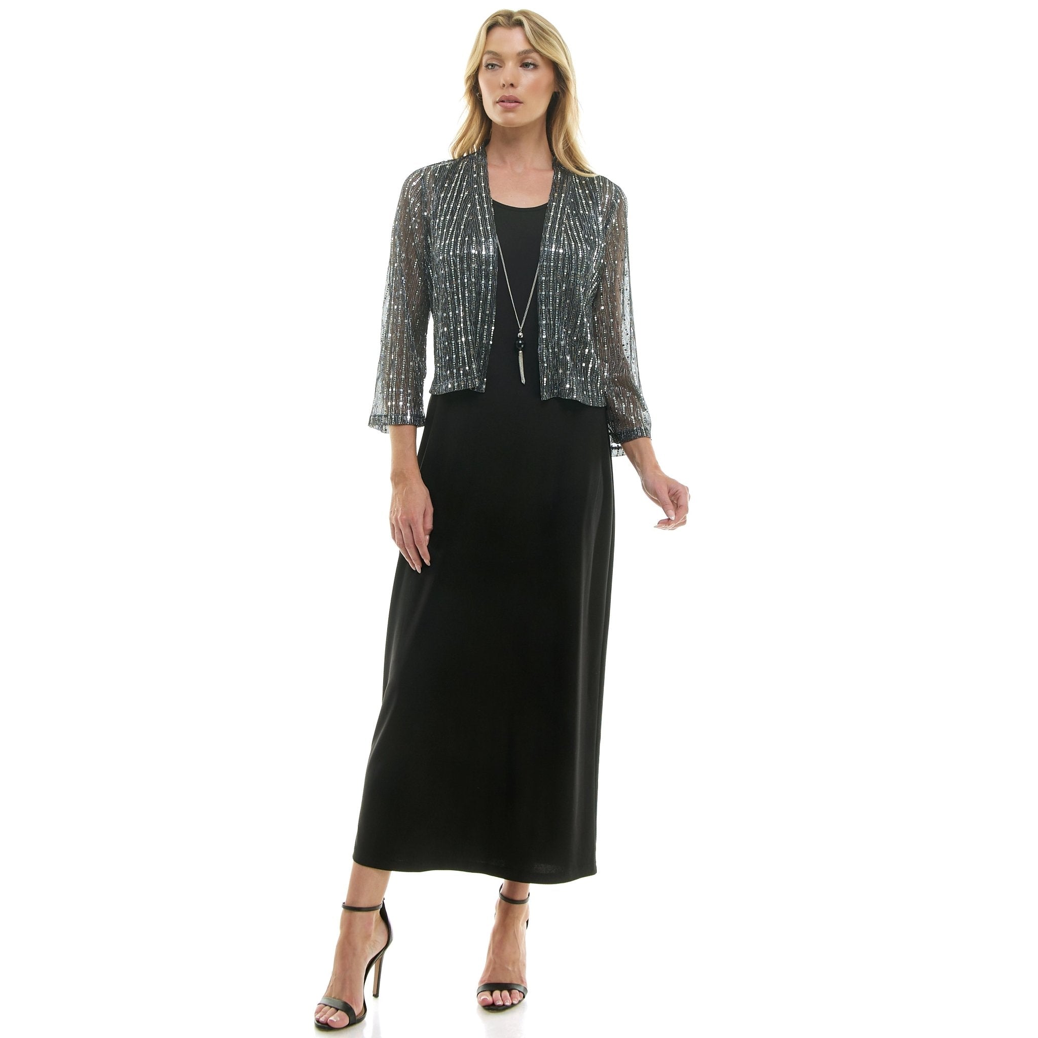 2Fer Jacket Tank Dress w/ Detachable Necklace, Silver/Black - DressbarnKnee Length & Midi Dresses