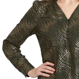 NY Collection Petite Long Sleeve V Neck Blouse With Metallic Print