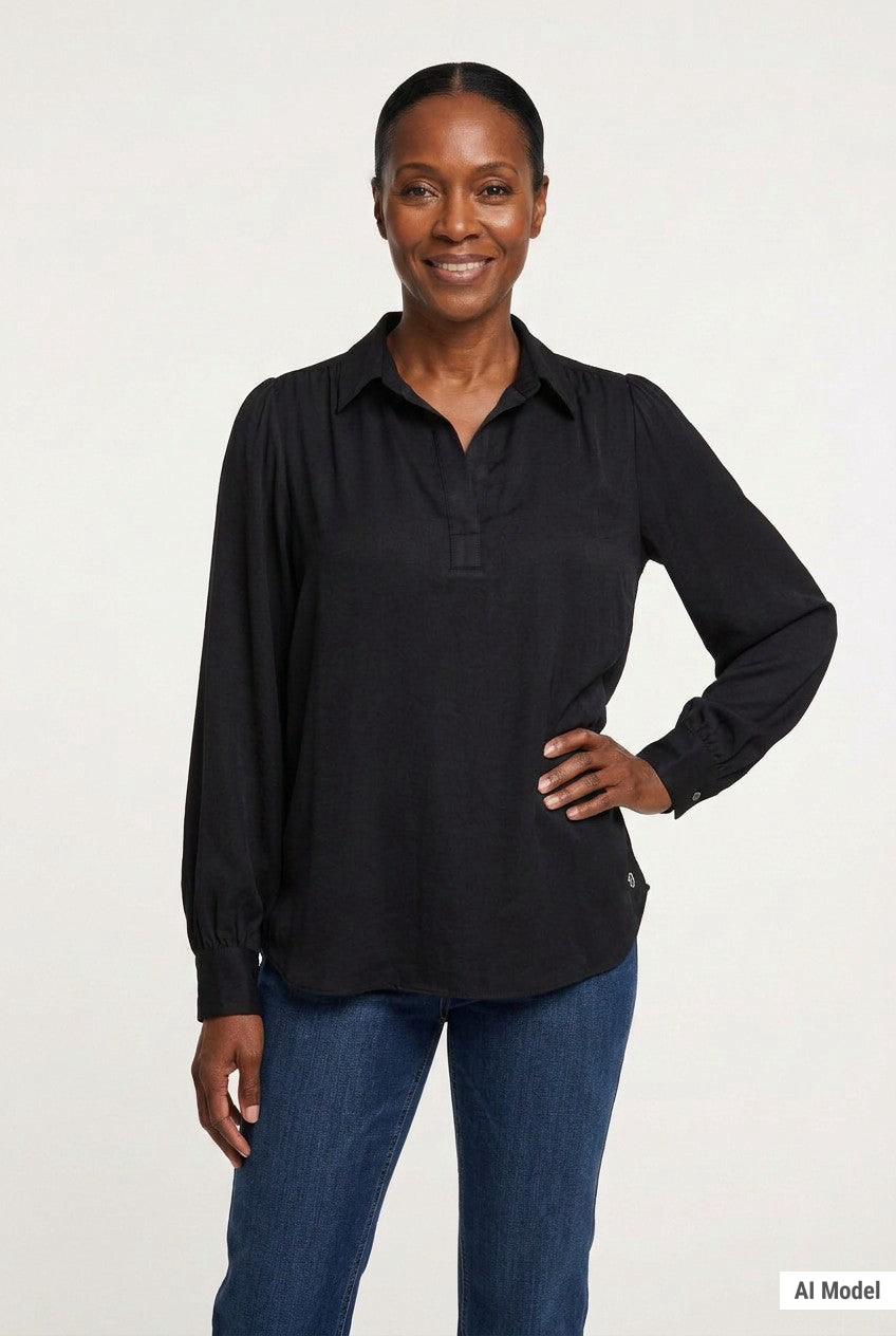 Black satin long puff sleeve blouse with collar and partial button placket, worn by a woman, front view.