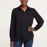 Black satin long puff sleeve blouse with collar and partial button placket, worn by a woman, front view.