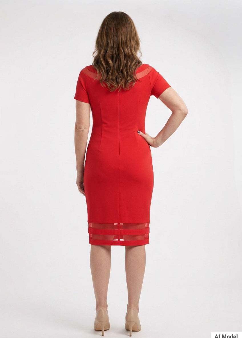 Red short-sleeve sheath dress with sheer mesh shoulder and hem insets, worn by a woman, back view, knee length.