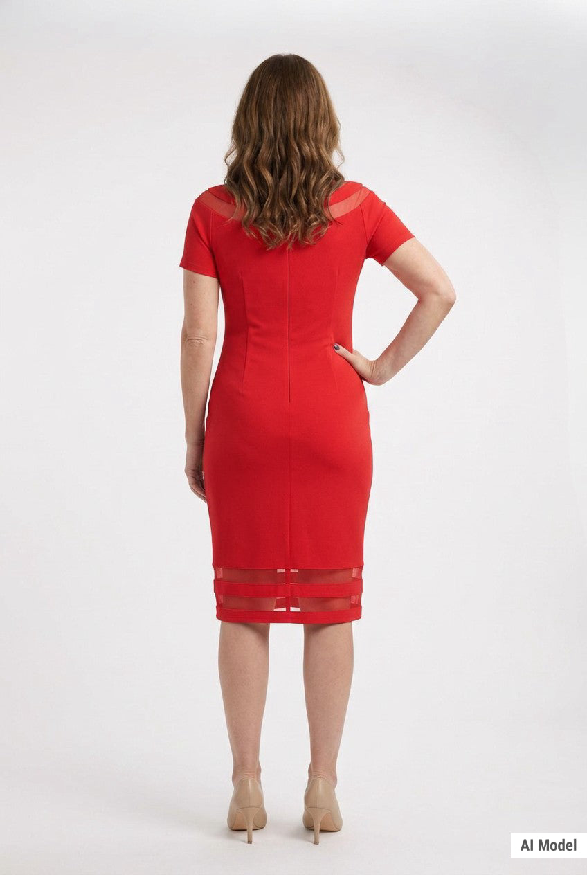 Red short-sleeve sheath dress with sheer mesh shoulder and hem insets, worn by a woman, back view, knee length.