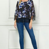 3/4 Flare Lace Trim Sleeve Scoop Neck Peekaboo Lace Trim Lining Mix Media Blouse