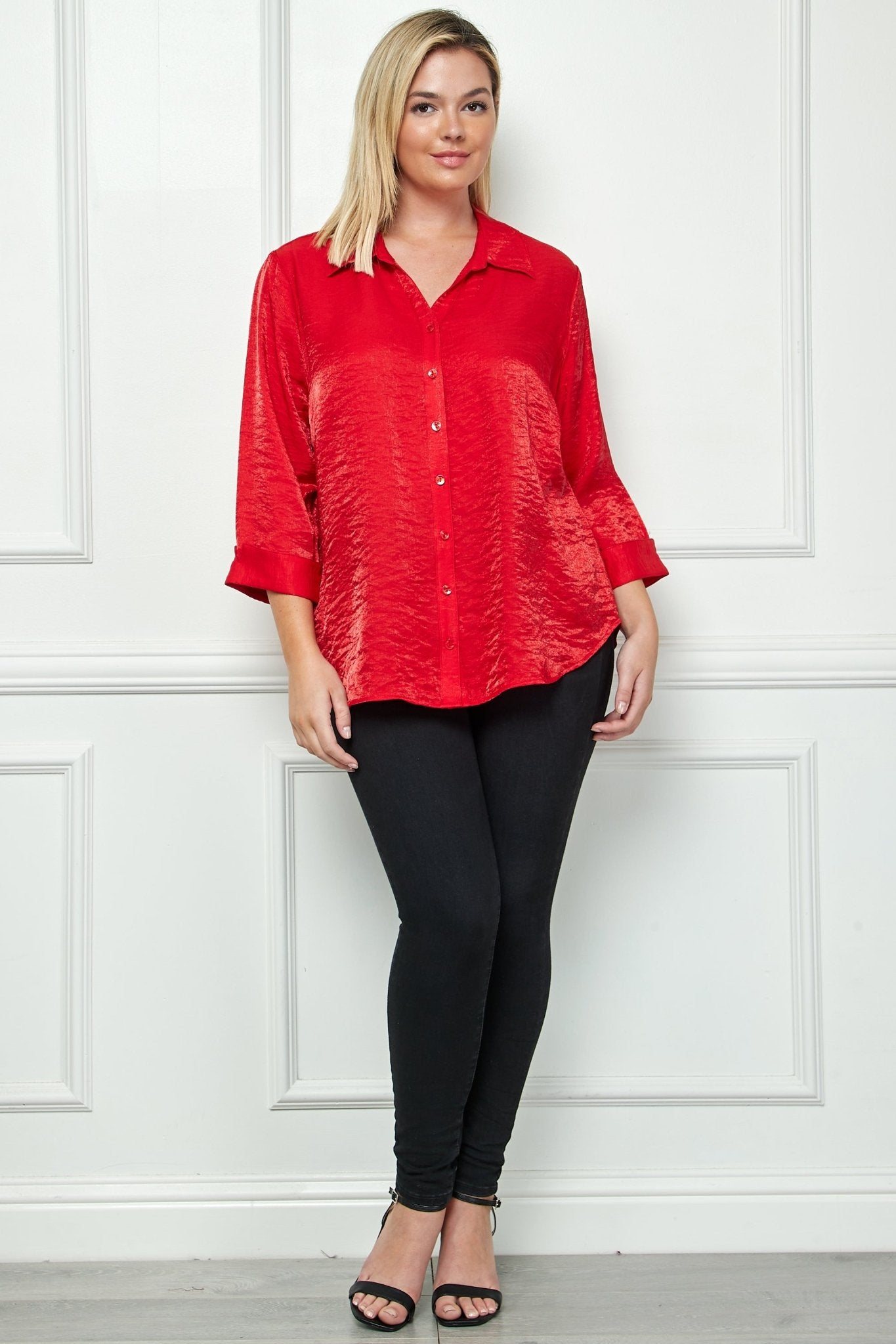 3/4 Notch Sleeve Button Front Shirt Top - Plus - DressbarnButton Front Shirts