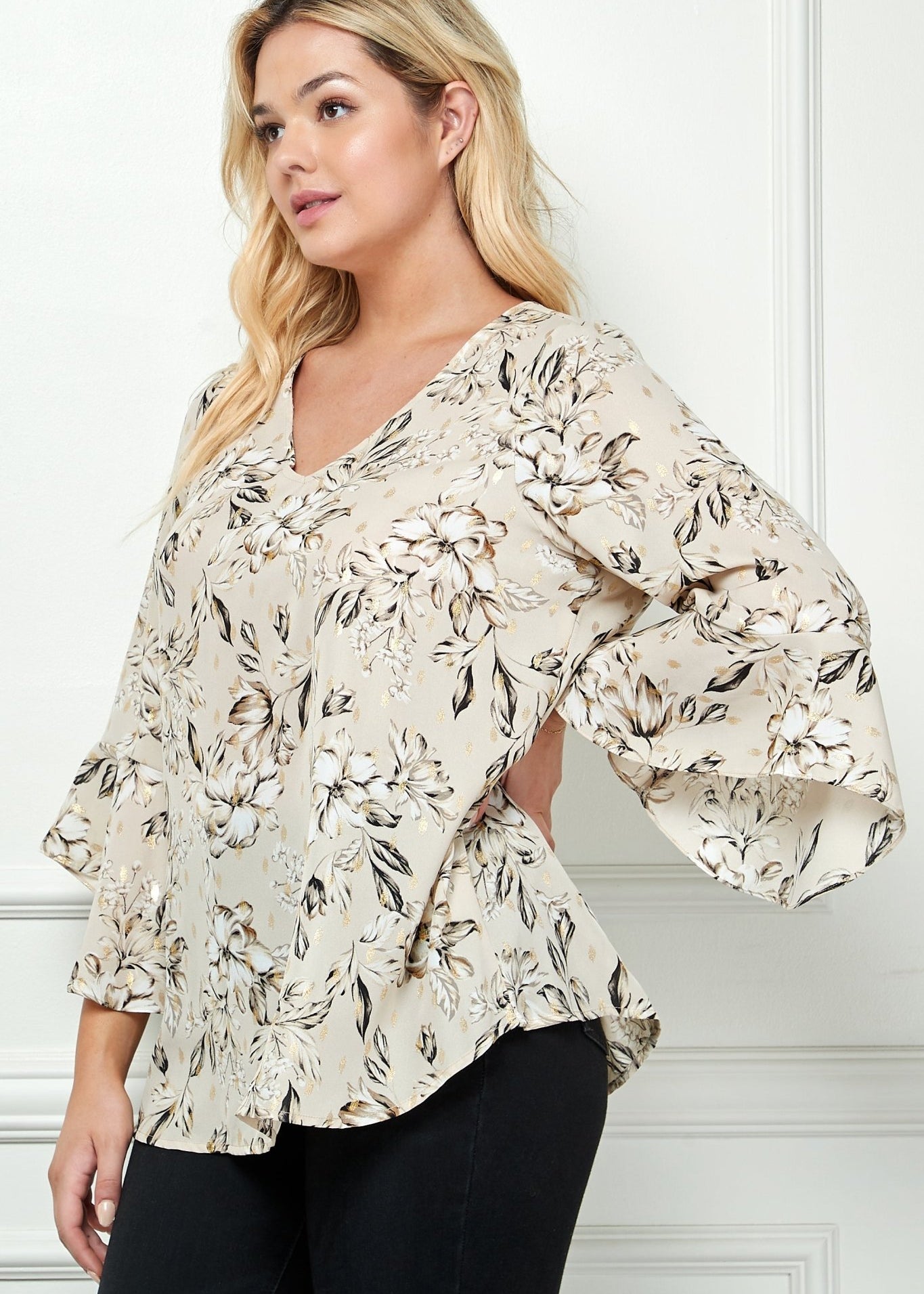 3/4 Ruffle Sleeve V Neck Blouse - Plus - DressbarnShirts & Blouses