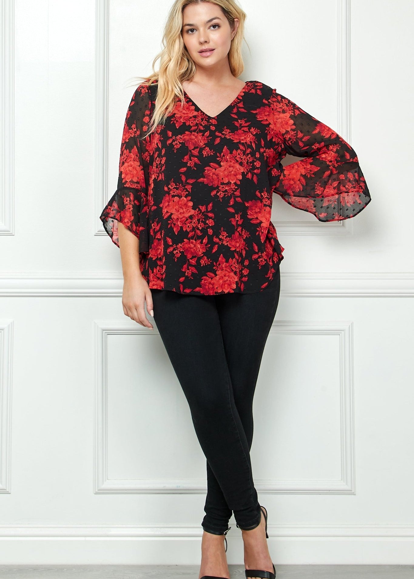 3/4 Ruffle Sleeve V - Neck Swing Blouse - Plus - DressbarnBlouses
