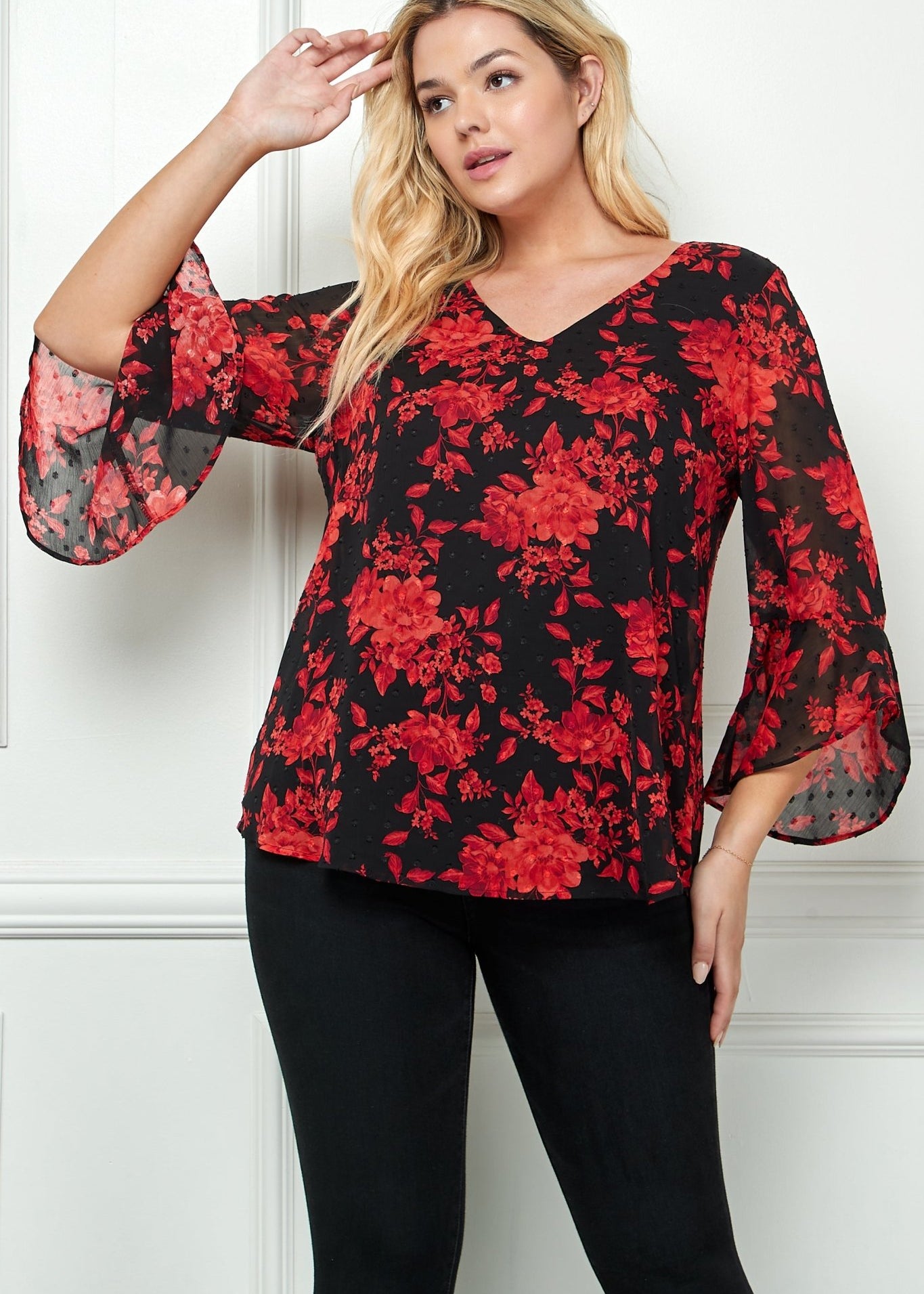 3/4 Ruffle Sleeve V - Neck Swing Blouse - Plus - DressbarnBlouses