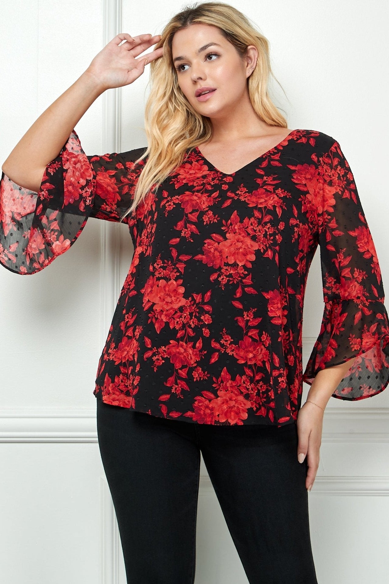 3/4 Ruffle Sleeve V - Neck Swing Blouse - Plus - DressbarnBlouses