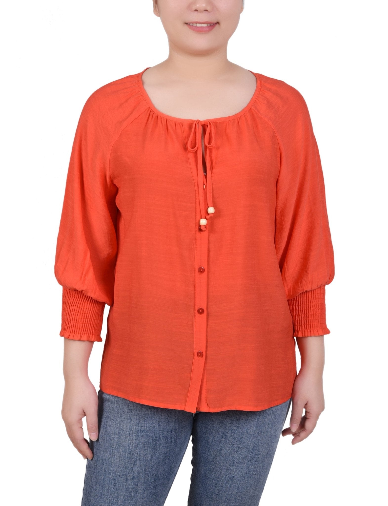 3/4 Sleeve Button Front Blouse - Petite - DressbarnShirts & Blouses