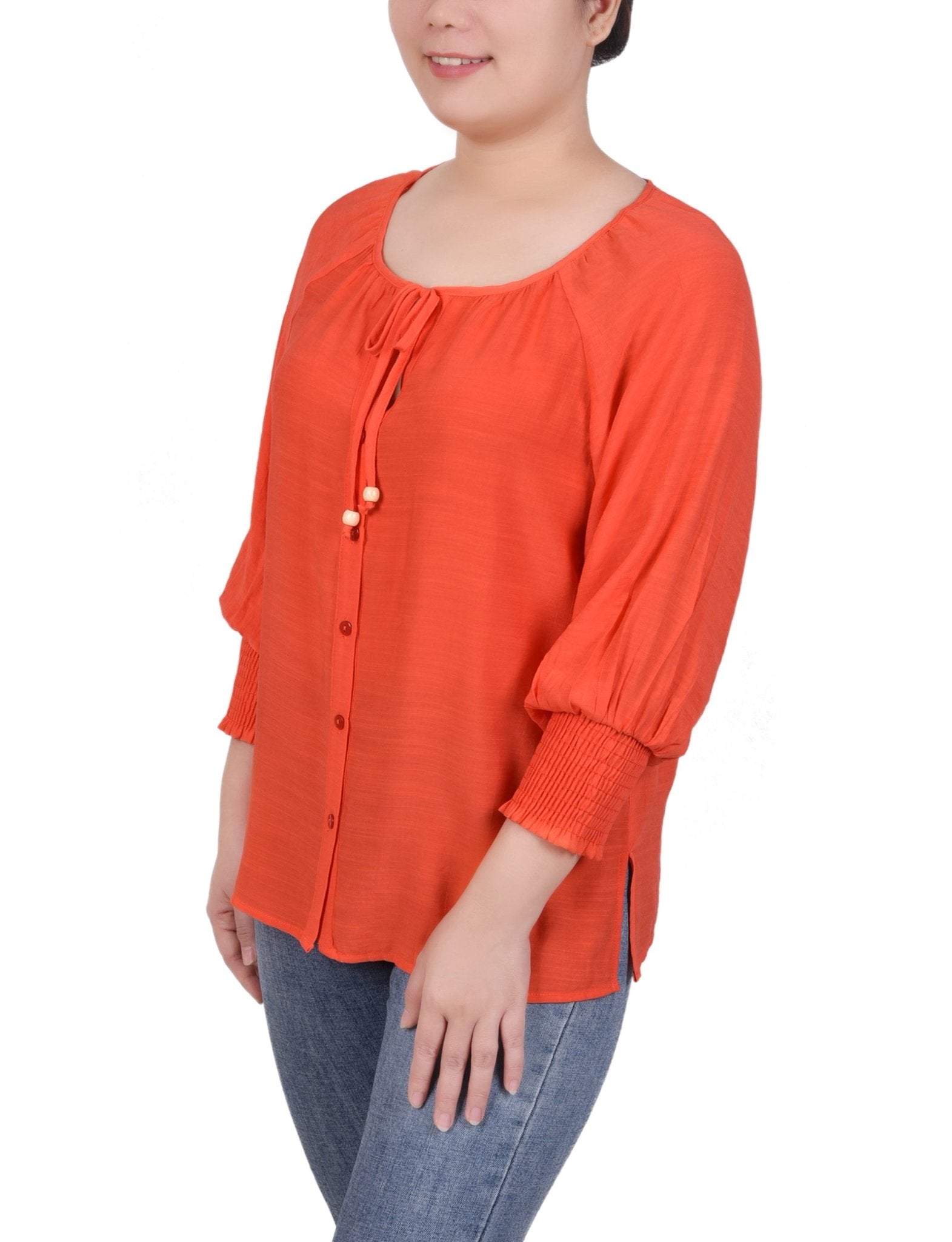 3/4 Sleeve Button Front Blouse - Petite - DressbarnShirts & Blouses