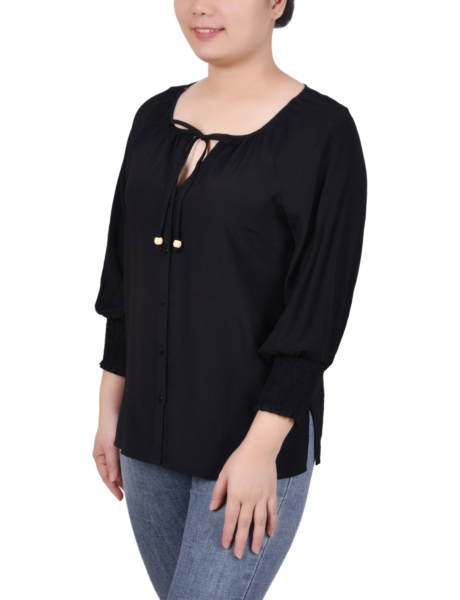 3/4 Sleeve Button Front Blouse - Petite - DressbarnShirts & Blouses