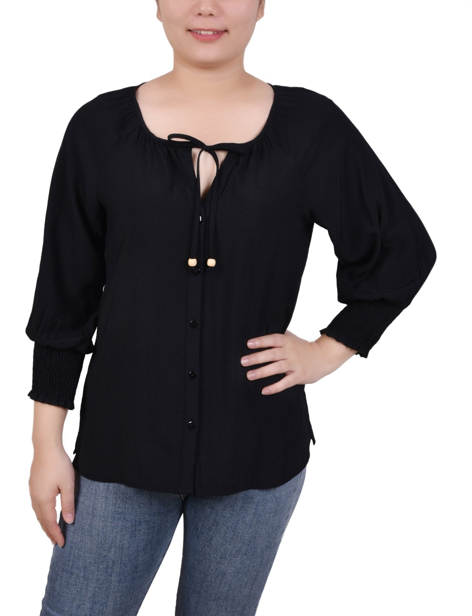 3/4 Sleeve Button Front Blouse - Petite - DressbarnShirts & Blouses
