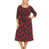 3/4 Sleeve Crew Neck All Over Floral Printed A-Line Midi Dress With Self Tie Belt - Plus - DressbarnDresses