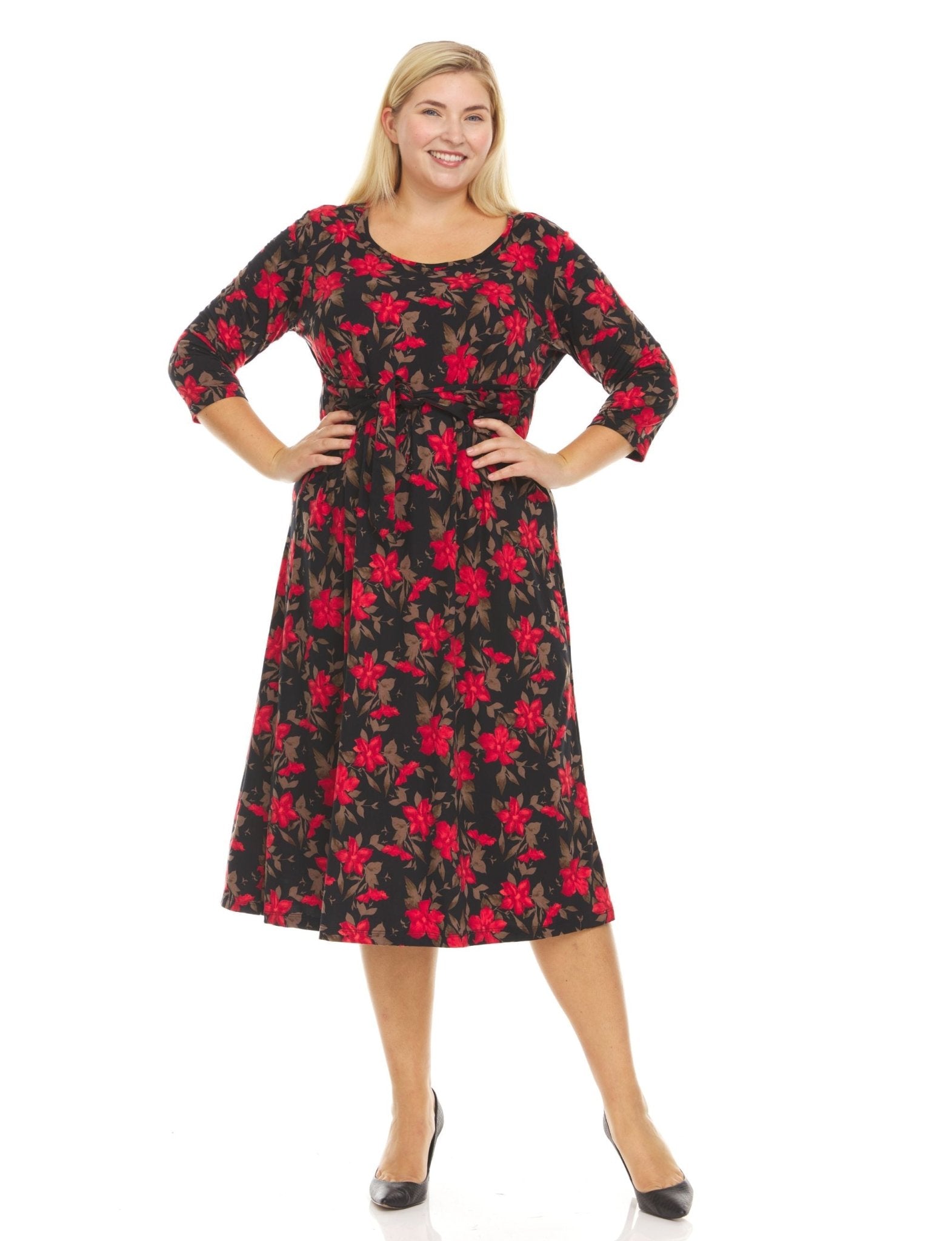 3/4 Sleeve Crew Neck All Over Floral Printed A-Line Midi Dress With Self Tie Belt - Plus - DressbarnDresses