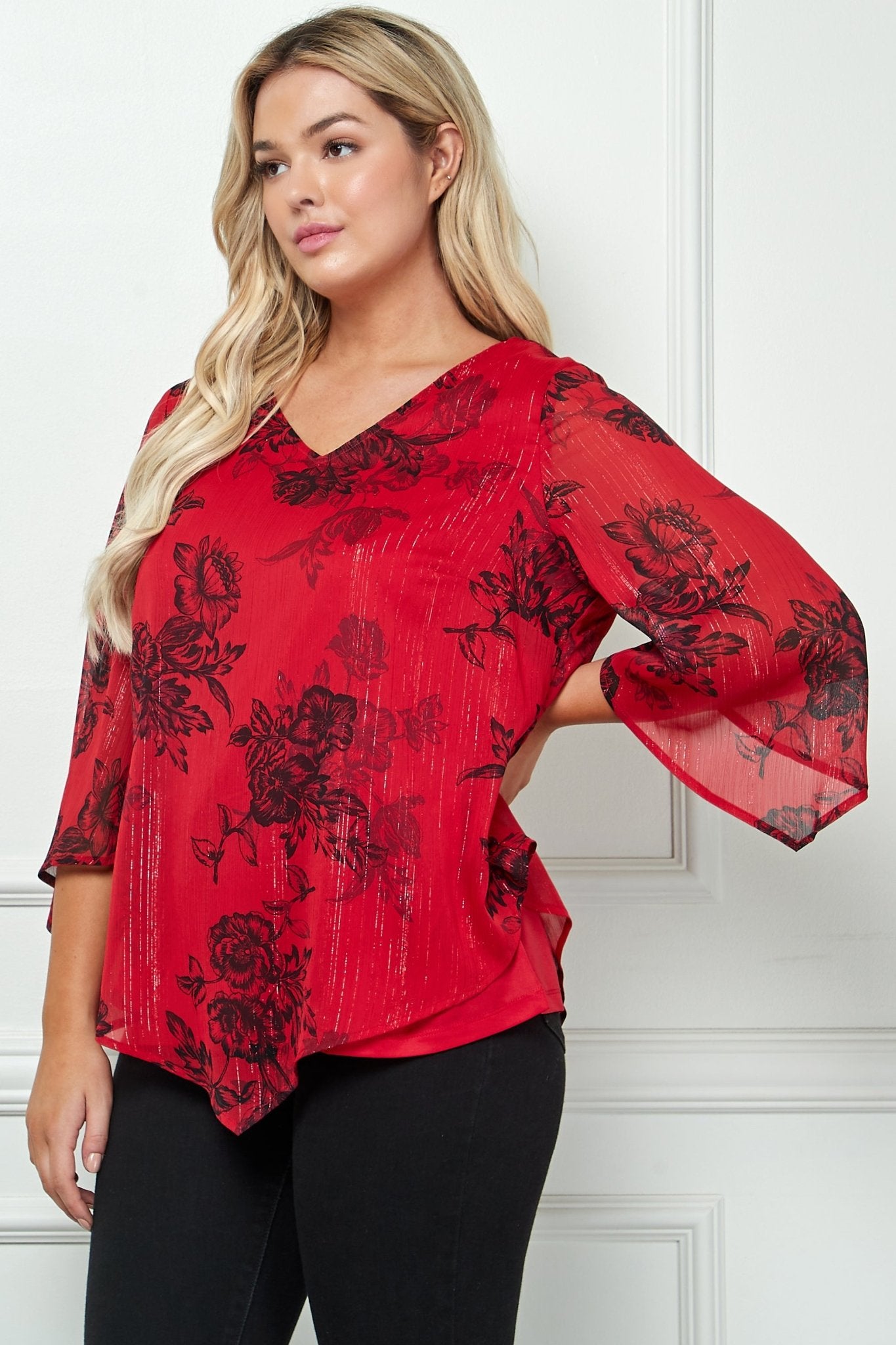 3/4 Sleeve Hanky Hem V - Neck Blouse - Plus - DressbarnBlouses