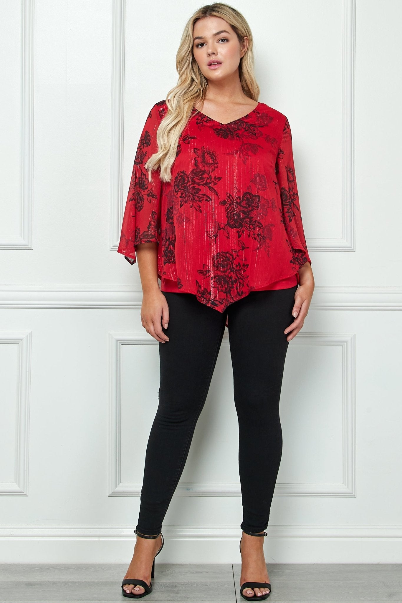 Women's Plus Size Floral Uneven Hem T-Shirt Top – Glitter Print, Scoop Neck, Jersey Knit
