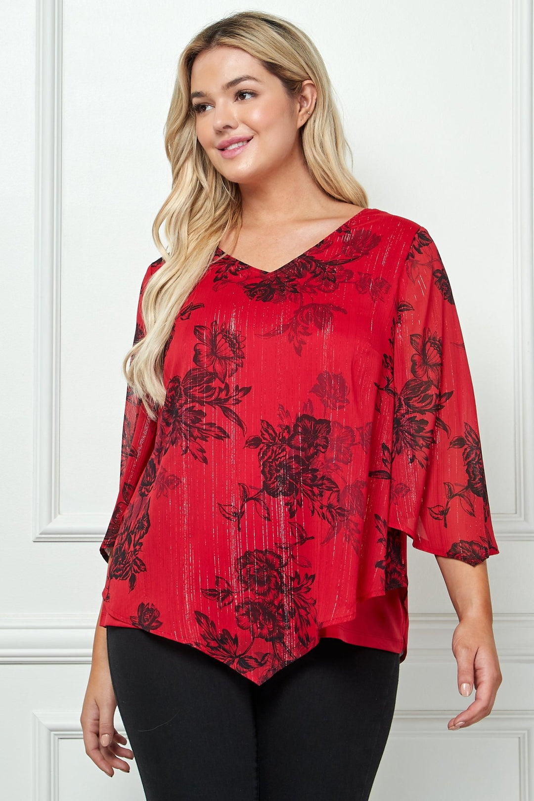Lace Crochet Hollowed Scallop Hem V Neck Blouse
