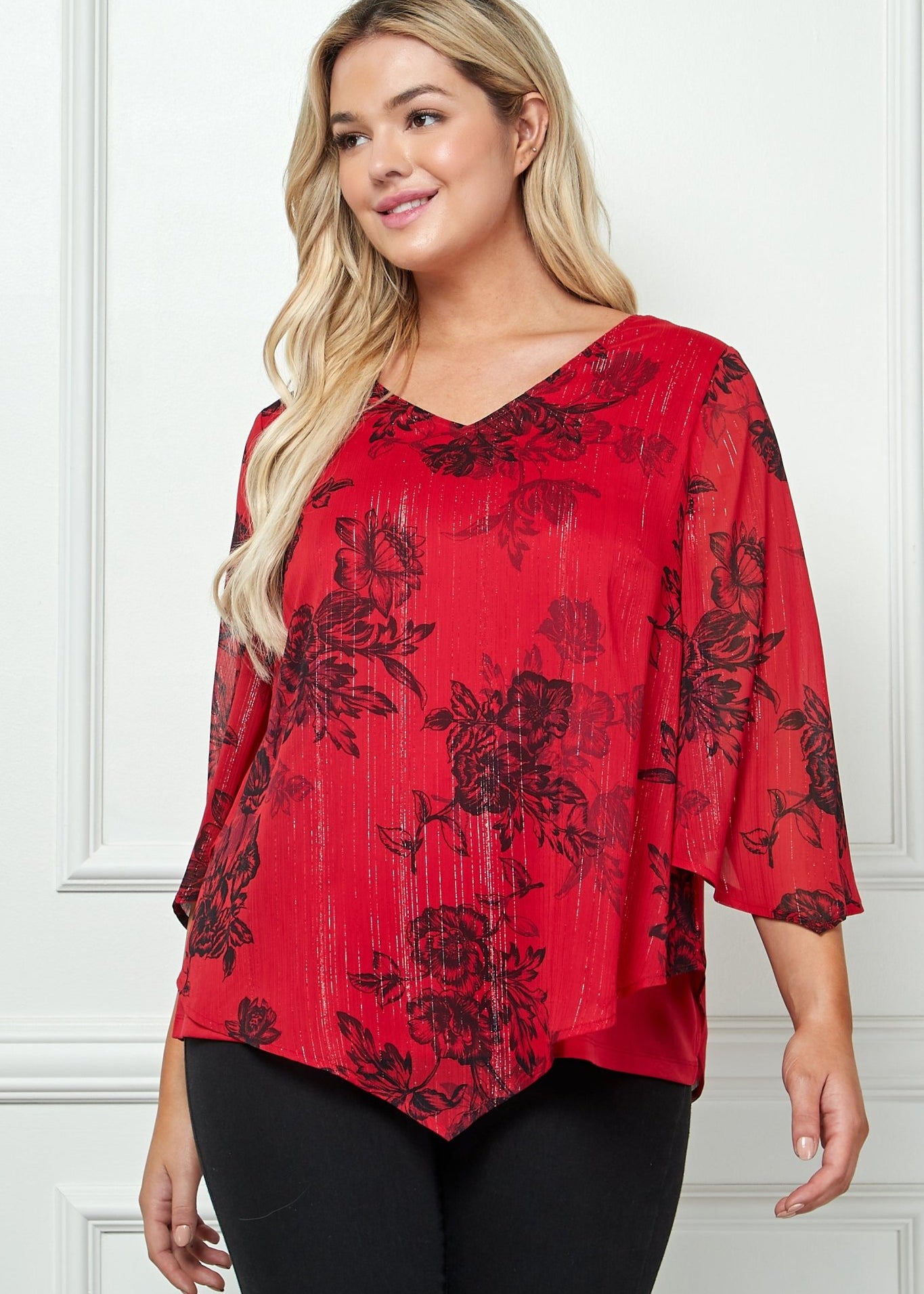 3/4 Sleeve Hanky Hem V - Neck Blouse - Plus - DressbarnBlouses