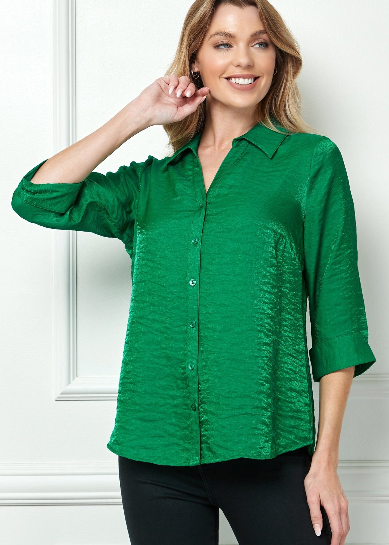 3/4 Sleeve Notch Button - Front Shirt, Green - DressbarnButton Front Shirts