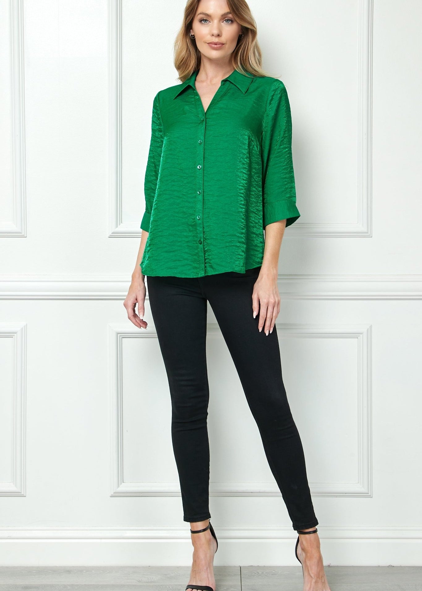 3/4 Sleeve Notch Button - Front Shirt, Green - DressbarnButton Front Shirts